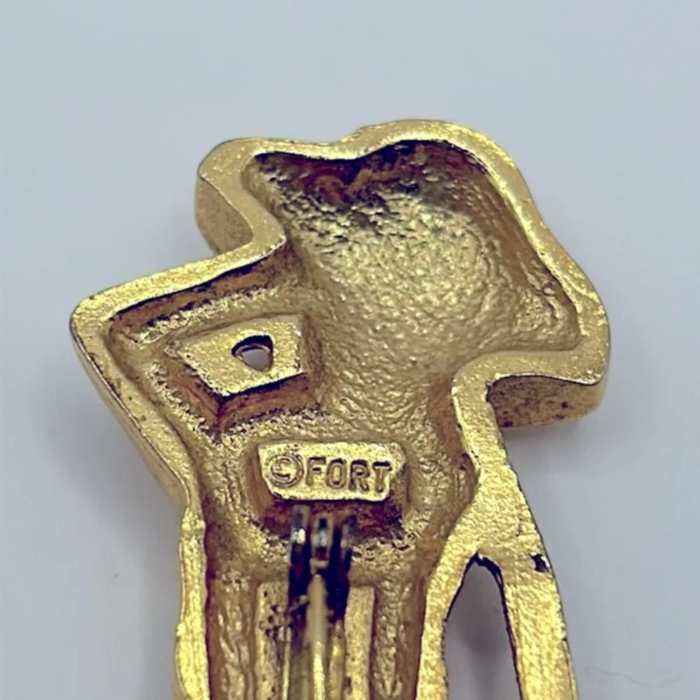 Vintage Signed FORT Lady Golfer Brooch | 3” Gold Tone Figural Pin